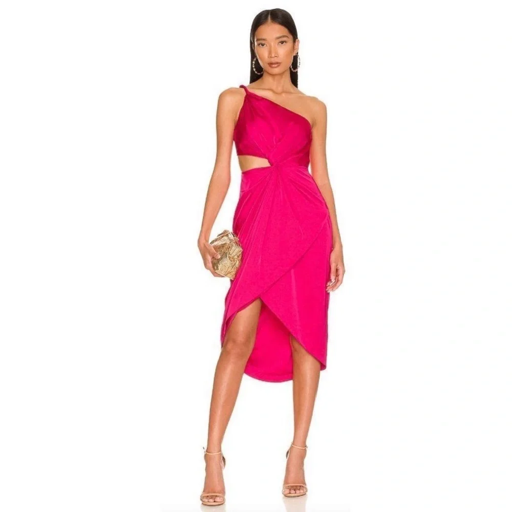 AMUR Deena Dress One Shoulder Midi Women’s 4 Cut Out Rosie Raspberry Hot Pink - Picture 3 of 13